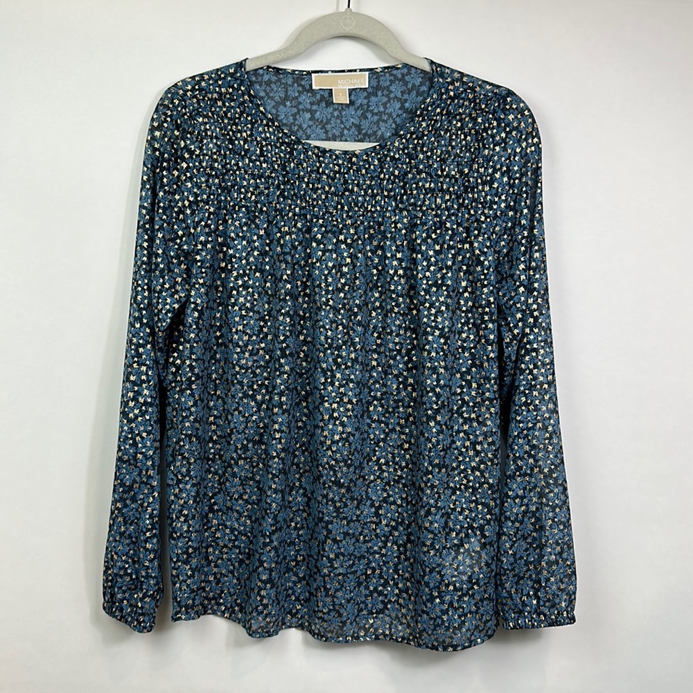 MICHAEL Michael Kors Blue Long Sleeve Gold Tone Blouse, Size S